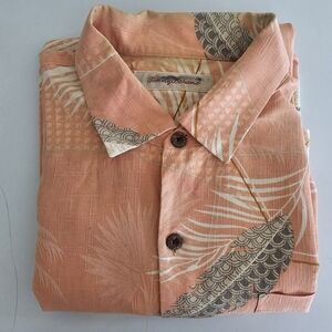 Tommy Bahama Relax peach Palm Tree Silk Short Sleeve Pockets Button Up Shirt